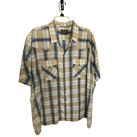 Vtg Dee Cee Rangers Men 2XL Western Pearl Snap Shirt Tan Blue Plaid Short Sleeve - Picture 1 of 9
